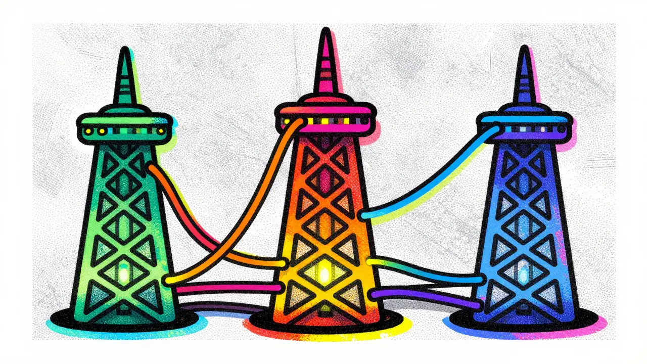 Three stylized towers connected by glowing colorful cables.