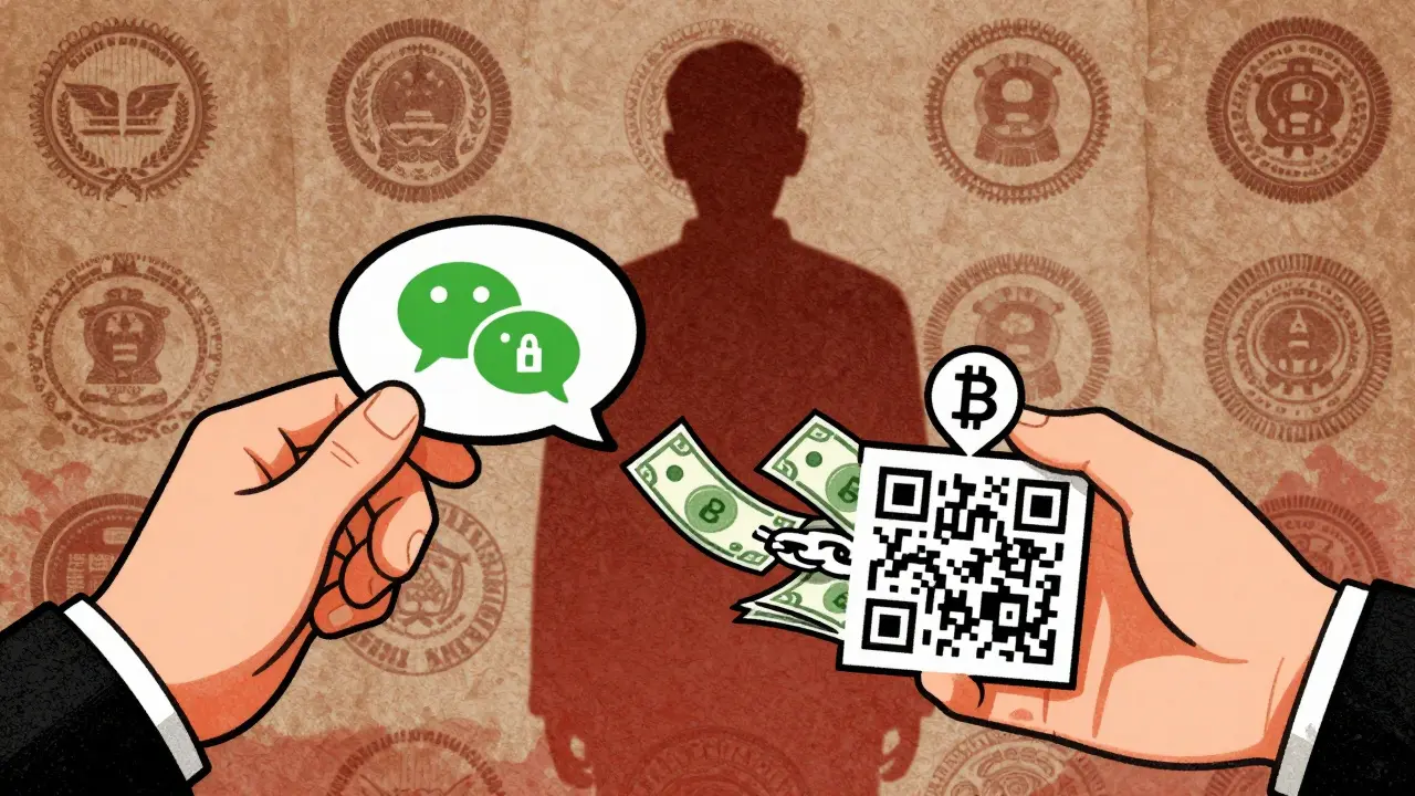 WeChat chat sending a QR code that transforms into money flowing to a crypto exchange.