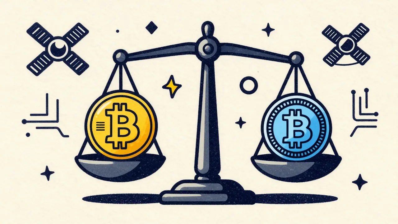 A balance scale comparing a private cryptocurrency with a government-issued digital currency.