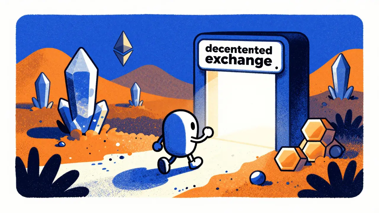 A cartoon character navigating a surreal digital landscape of honeycombs and crystals.