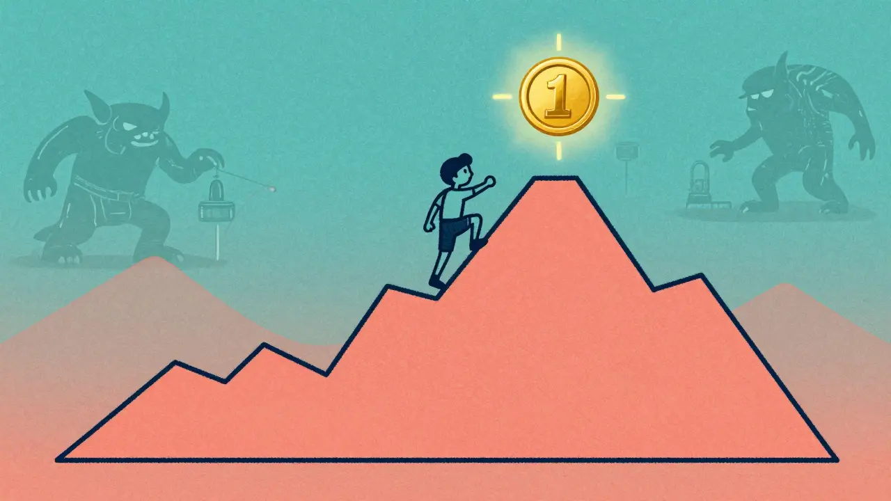 A character climbing a graph mountain toward a golden token in a grainy art style.