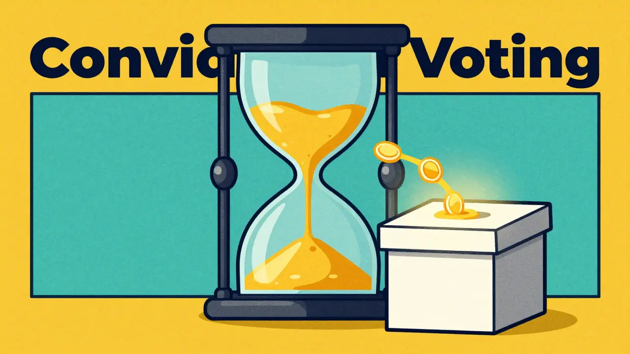 A conceptual risograph drawing of a glowing hourglass representing the conviction voting process.