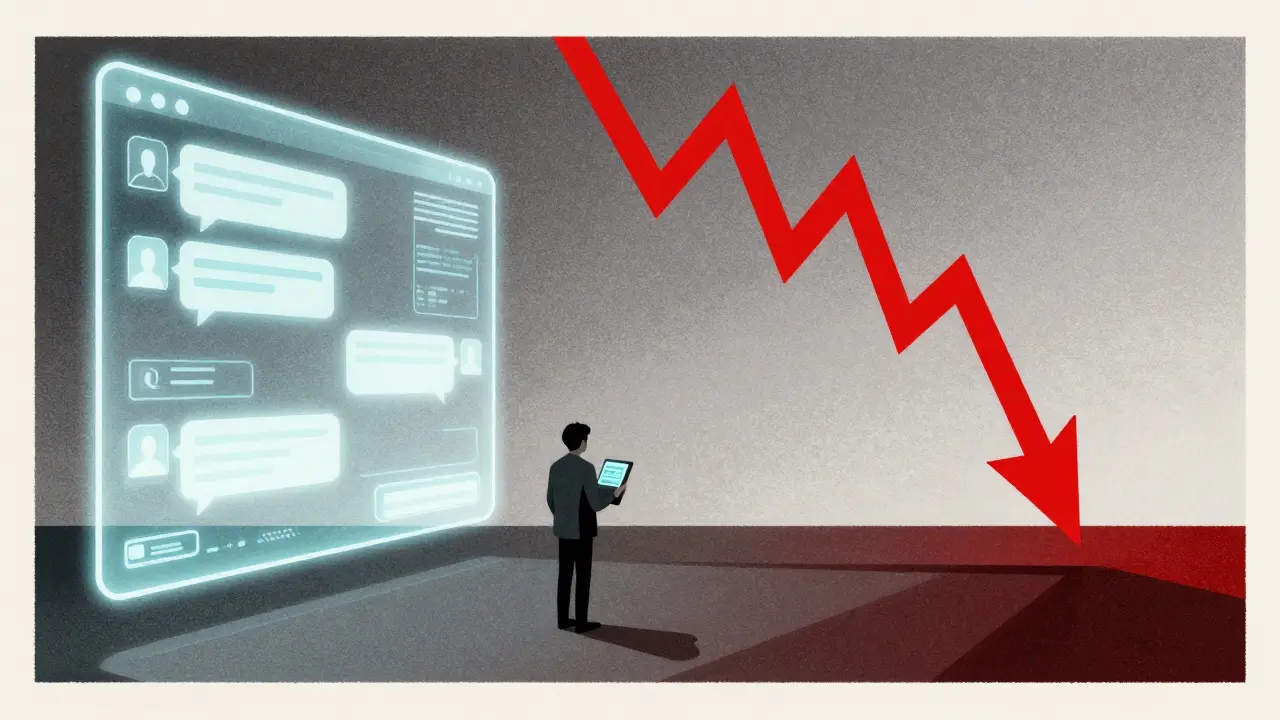 A contrast between a futuristic chat interface and a falling red market graph.