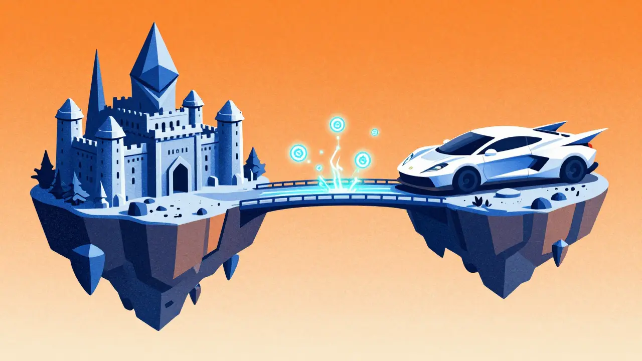 A digital bridge connecting Ethereum and Solana islands in a vibrant risograph illustration.