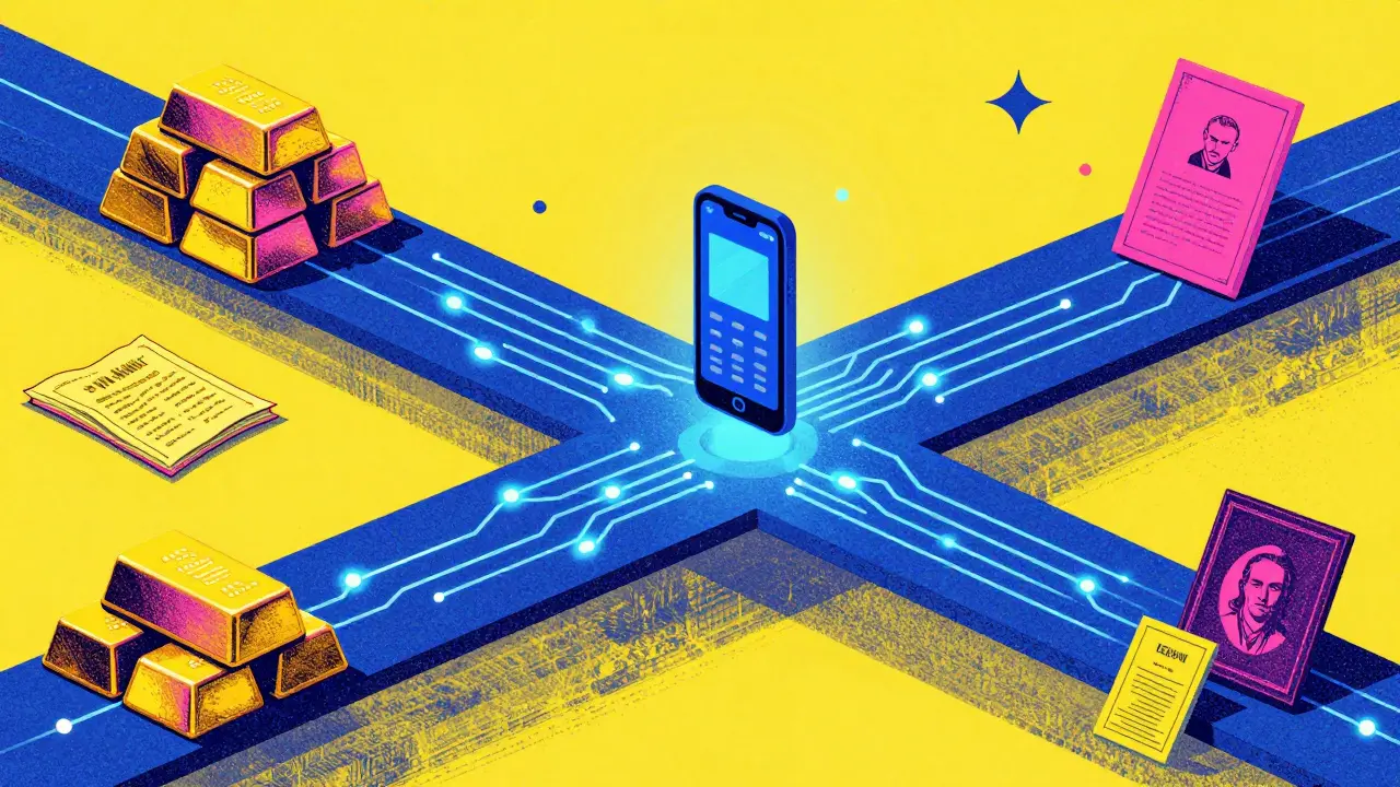 A digital bridge connecting physical gold and real estate to a blockchain network.