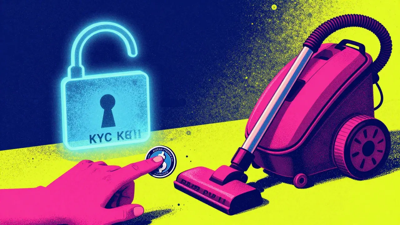 A digital coin being sucked away by a vacuum cleaner symbolizing a rug pull scam.