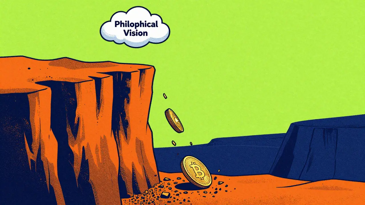 A golden coin falling down a steep cliff in a textured risograph art style.