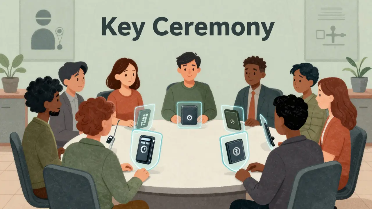 A group of people performing a secure key ceremony with hardware wallets.
