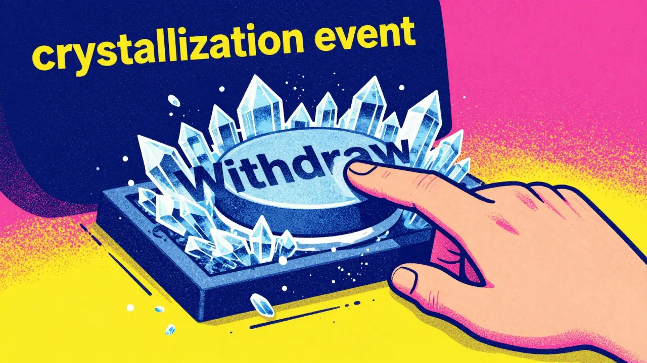 A hand pressing a withdraw button as digital tokens freeze into crystals in risograph style.