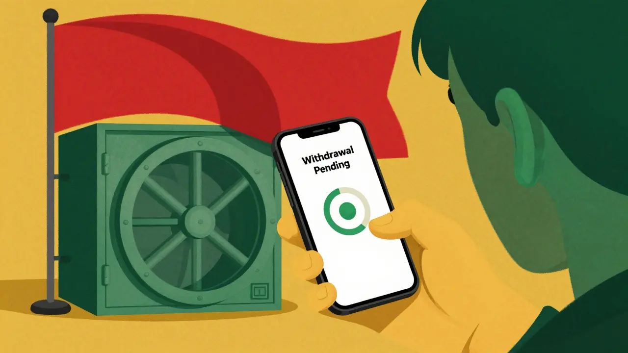 A person holding a phone with a pending withdrawal and a large red flag shadow.