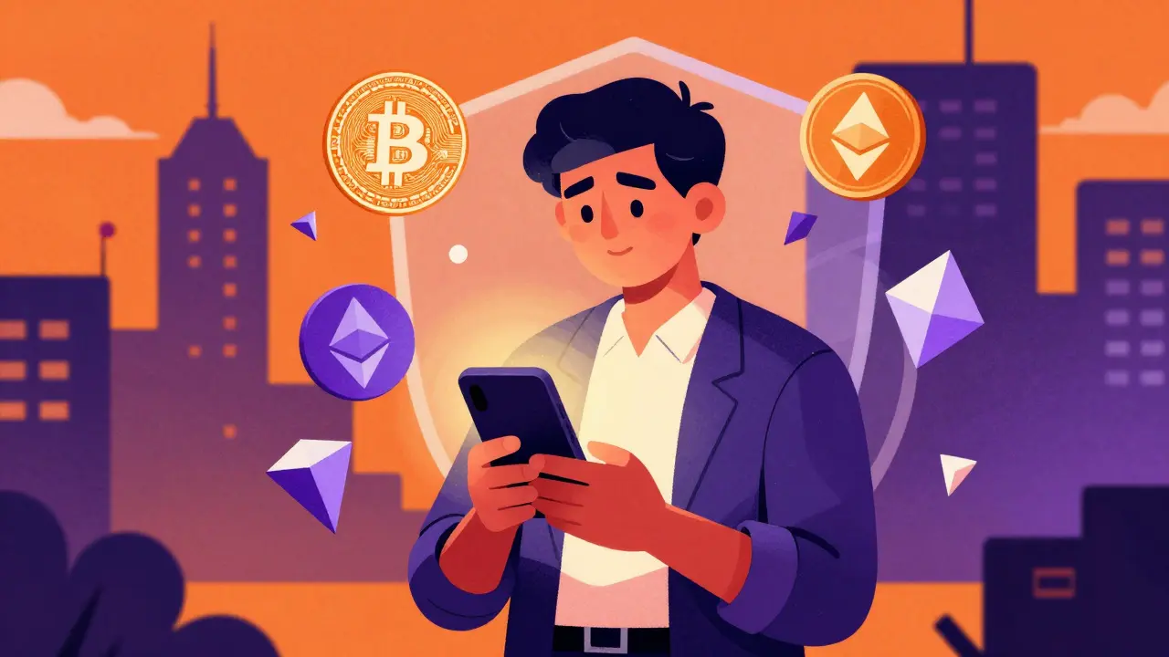 A person using a smartphone with floating crypto symbols acting as a shield against a wall.