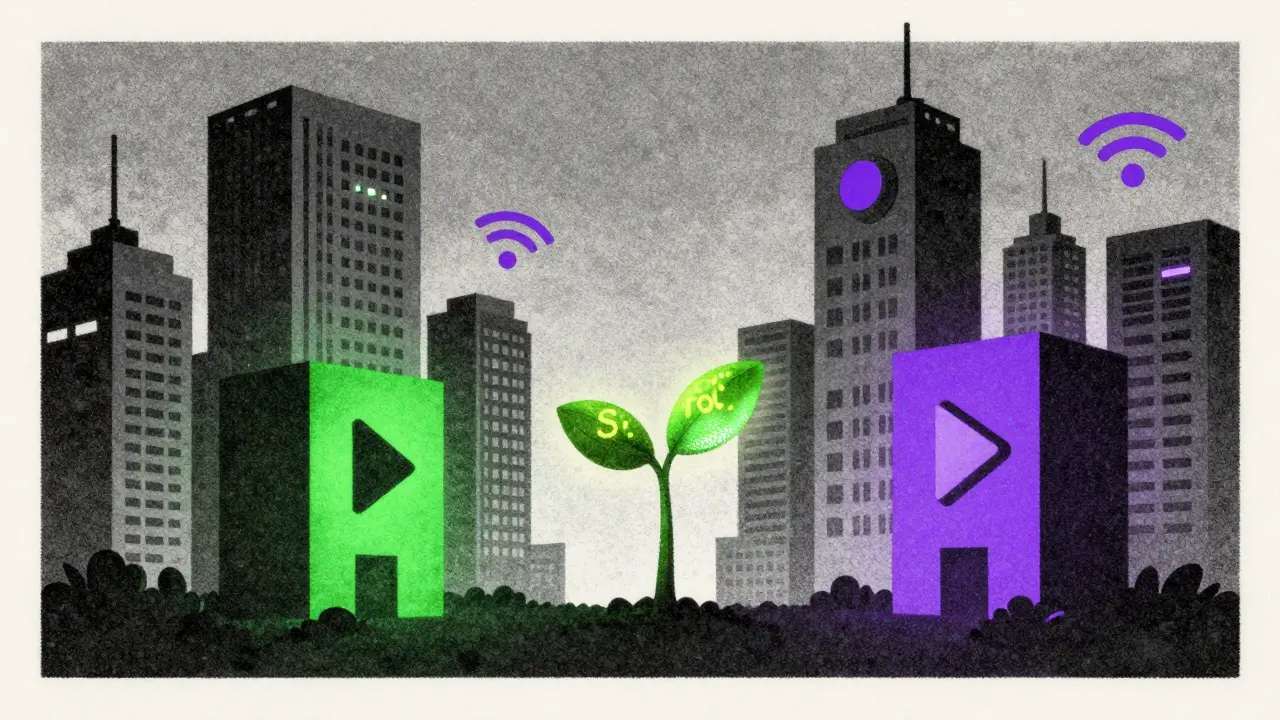 A small glowing seed facing massive streaming giant monoliths in a textured risograph style.