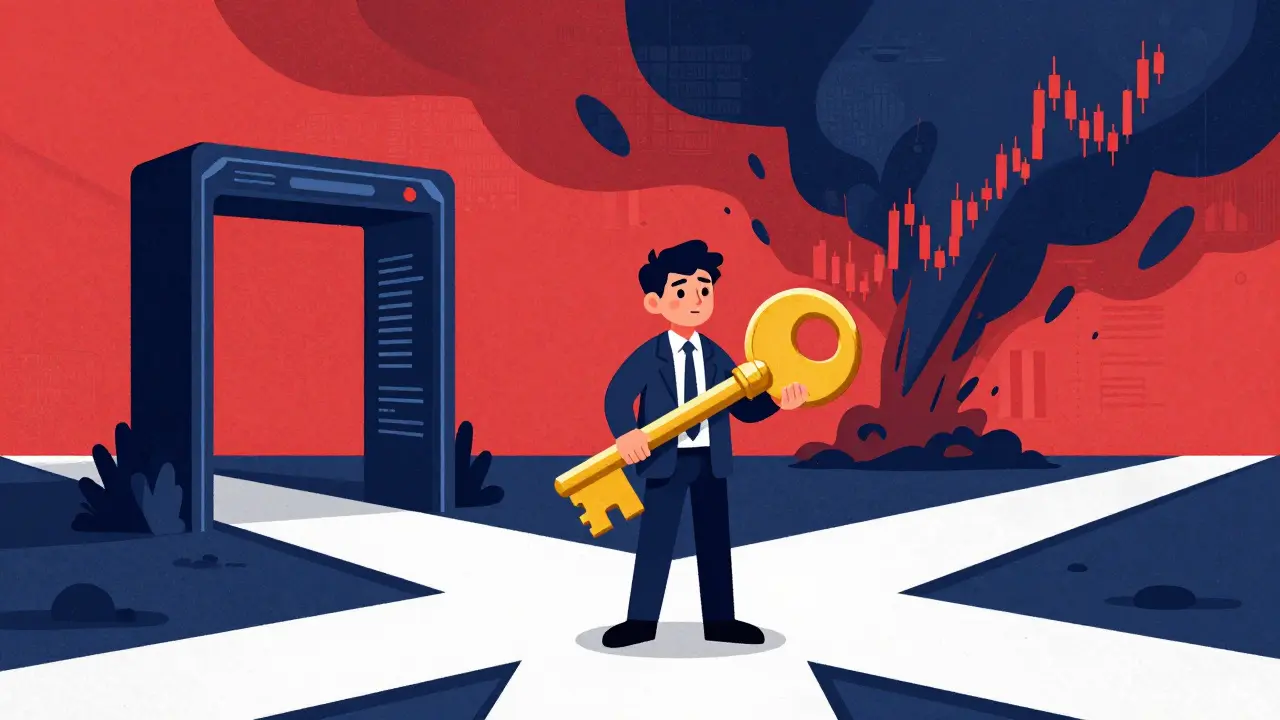 A trader with a giant key standing before a digital gateway and price storms