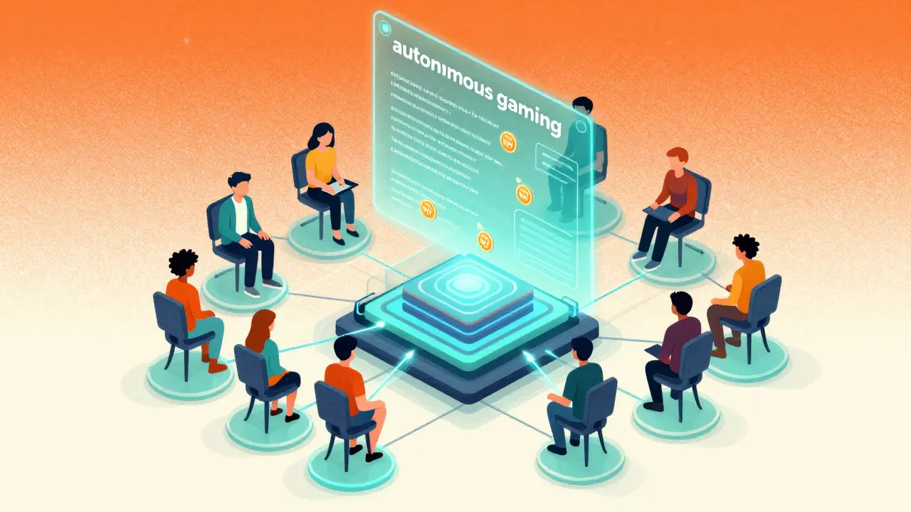 Abstract holographic smart contract distributing tokens in a digital gaming hub.