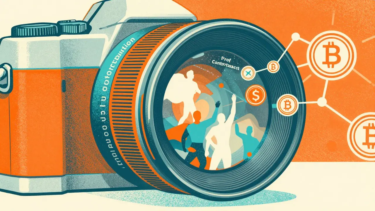 Abstract risograph illustration of a blockchain snapshot and network nodes.