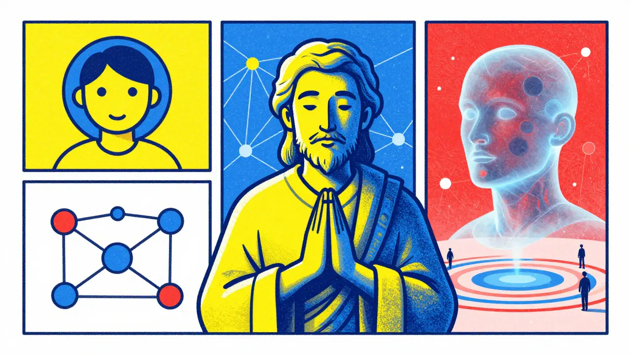 An AI philosopher appearing in 2D, network, and 3D forms in risograph illustration.