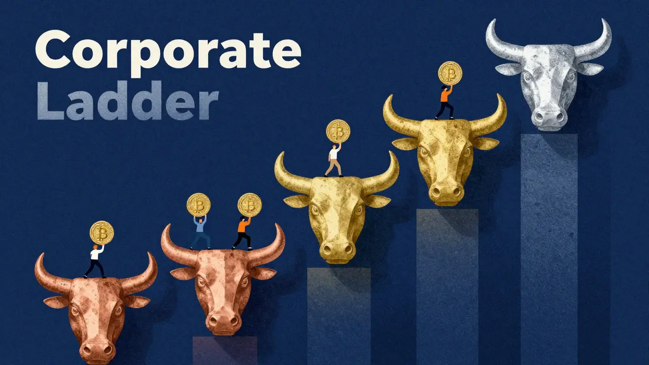 An ascending ladder of six bull-shaped tiers from copper to platinum representing membership levels.