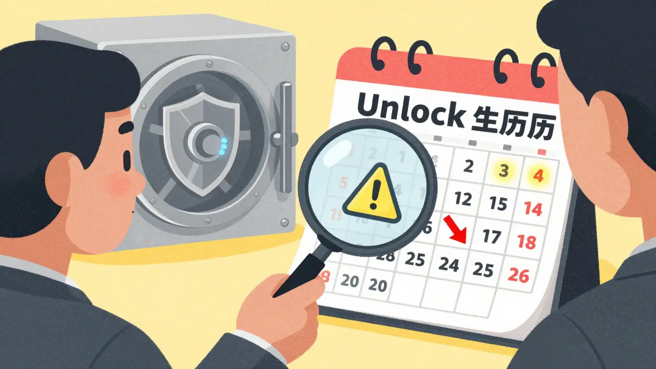 An investor using a magnifying glass to find token unlock dates on a cautionary calendar.