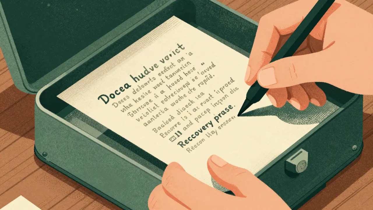 Close-up of a person writing a seed phrase on paper to hide in a metal box