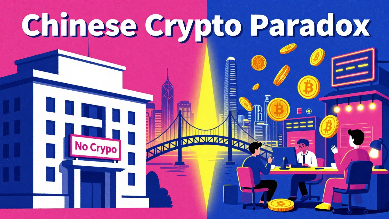 Conceptual illustration of a hidden crypto market and Hong Kong as a legal bridge