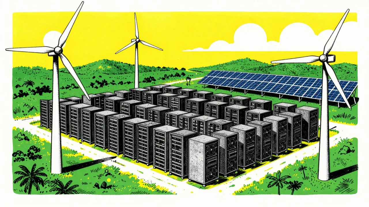 Crypto mining servers paired with wind turbines and solar panels in a Cuban landscape.