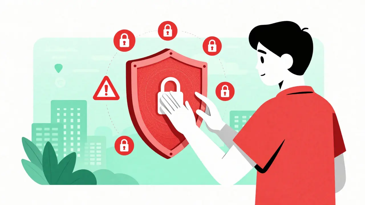 Digital shield blocking scam alerts and red warning symbols in a graphic style.