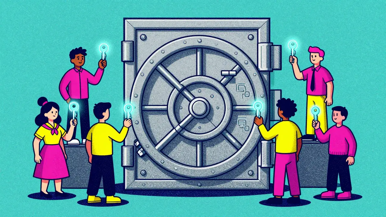 Diverse people using holographic keys to unlock a digital vault.