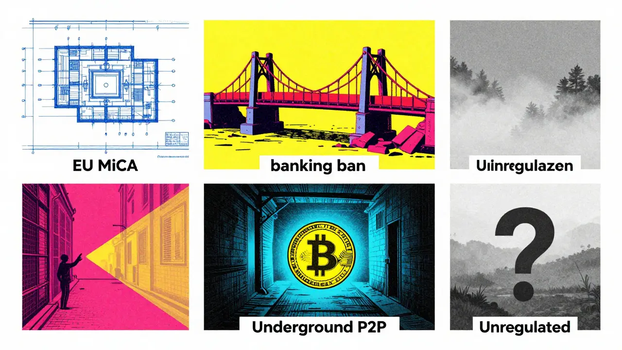 Four quadrants illustrating regulated, partially banned, fully banned, and unregulated crypto zones.