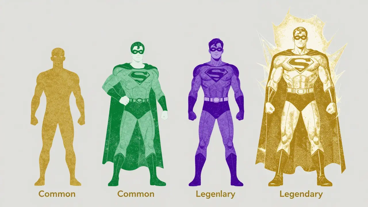 Four superhero NFTs of varying rarity tiers in a risograph art style.