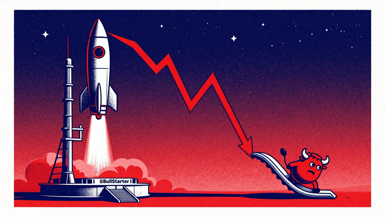 Illustration of a rocket launchpad contrasted with a crashing red price chart and a worried bull.