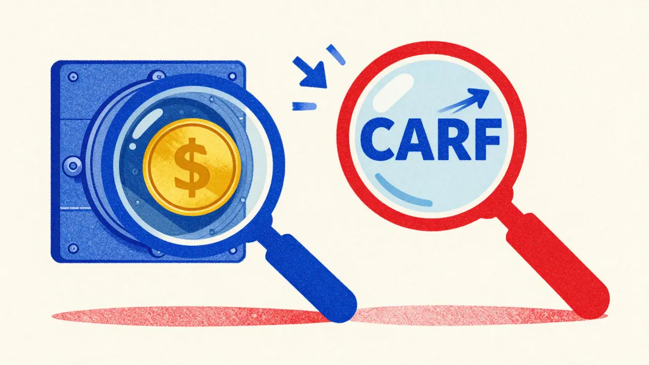 Illustration of two magnifying glasses analyzing crypto holdings and transaction activity.