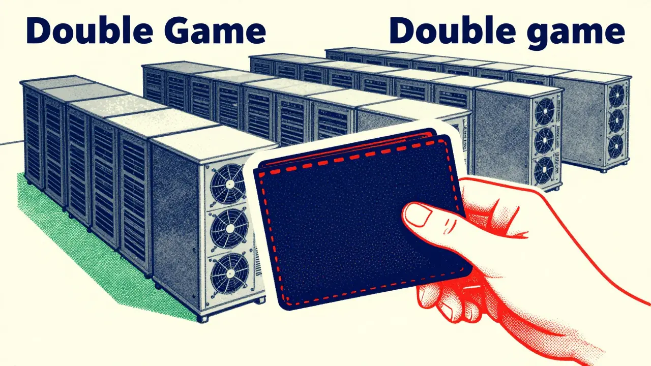 Industrial crypto mining servers contrasted with a handheld cold wallet, risograph art.