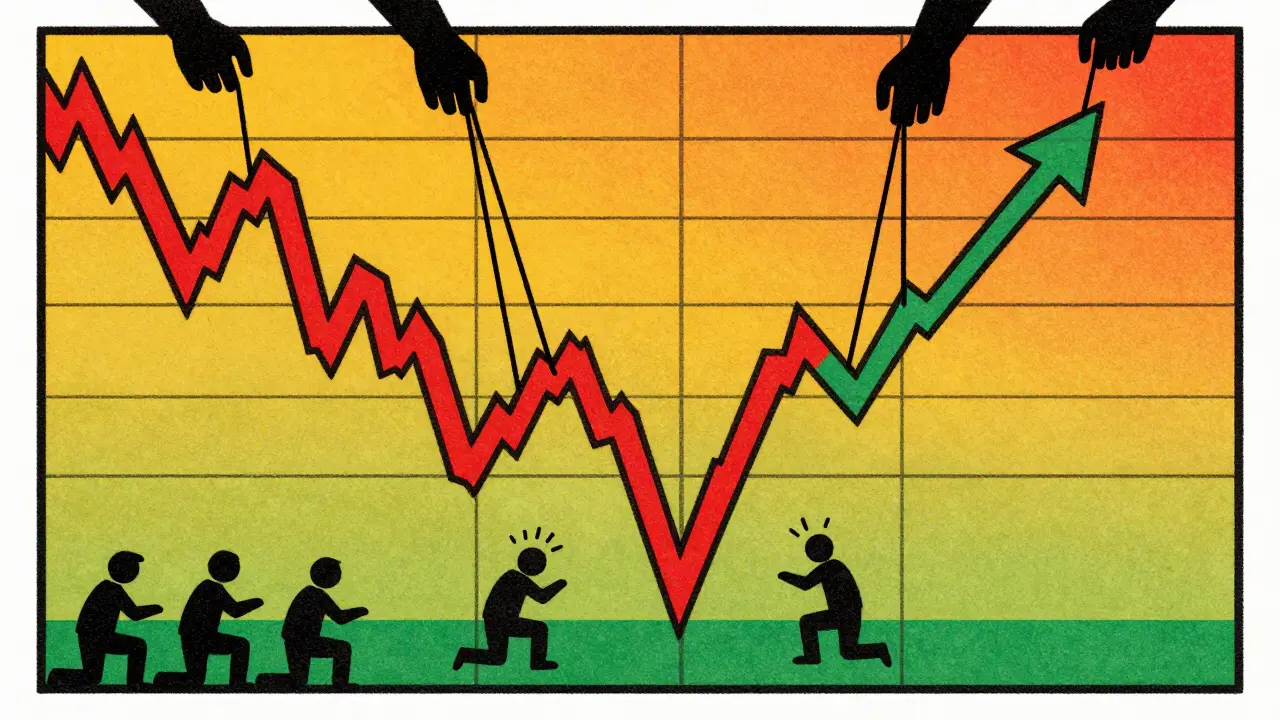 Manipulated stock chart with shadowy hands pulling strings upward