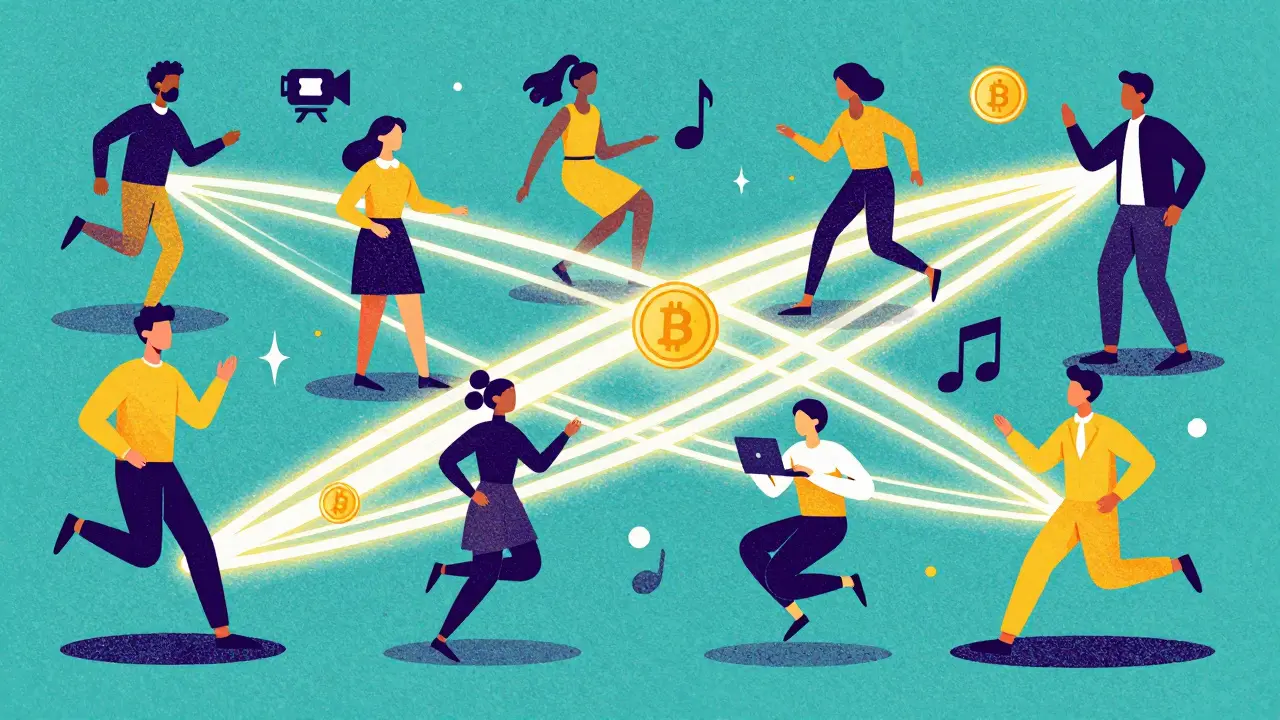 People connected by light beams with icons for video calls and crypto payments in a digital void.