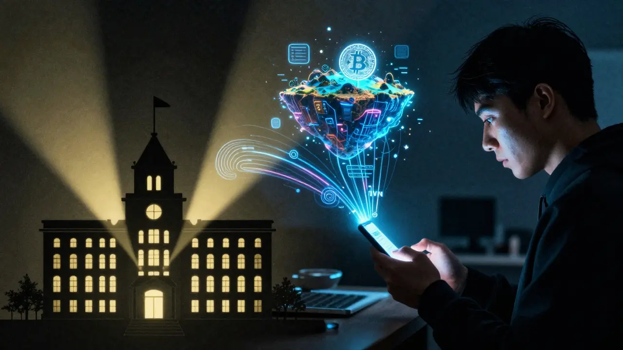 Person using a VPN to access cryptocurrency in a dark room, risograph illustration.