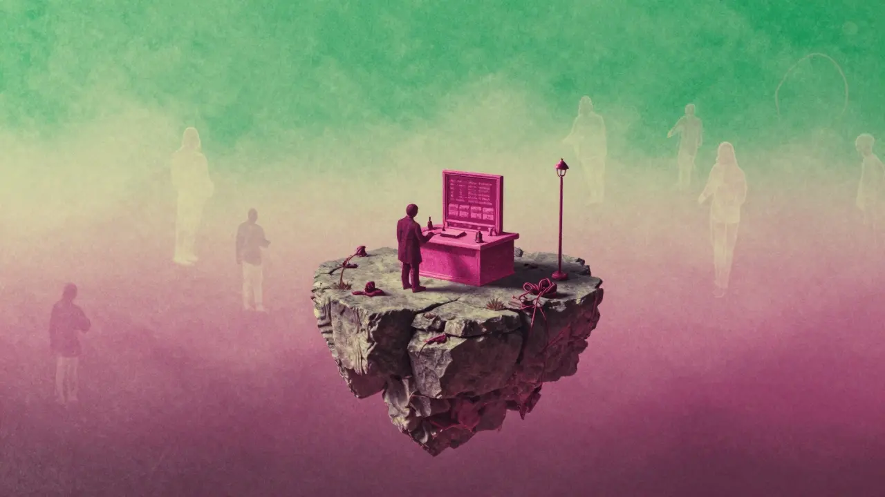 Risograph art of an isolated trading terminal in a foggy ocean with ghost-like figures.