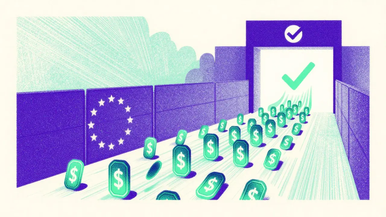 Risograph depiction of digital tokens migrating toward a compliant gateway