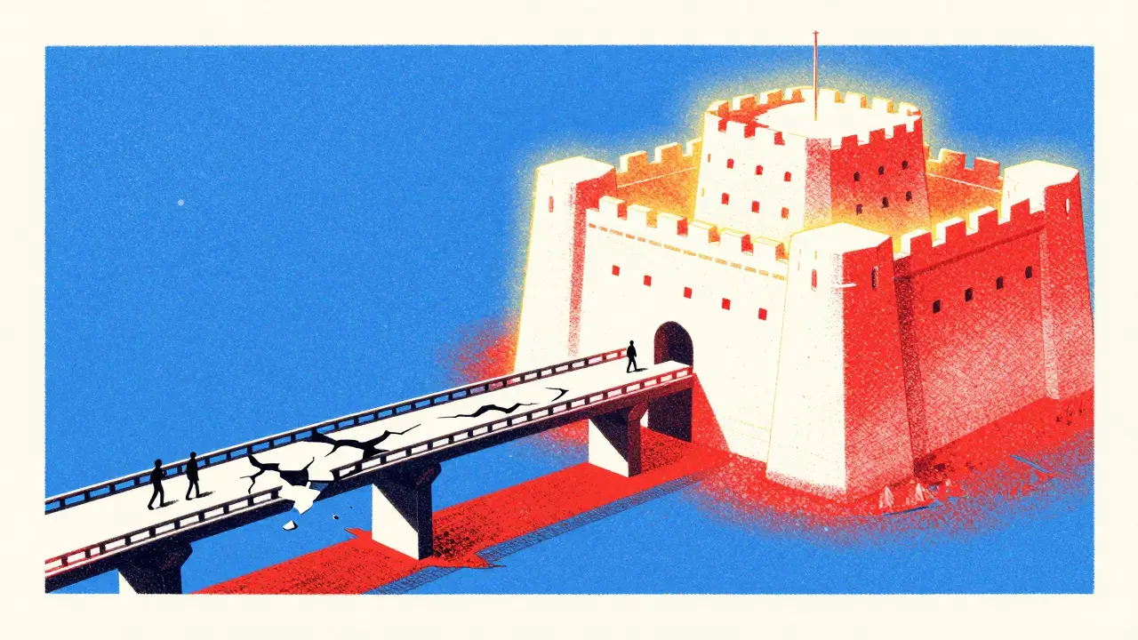 Risograph illustration contrasting a fragile paper bridge with a secure, glowing fortress.