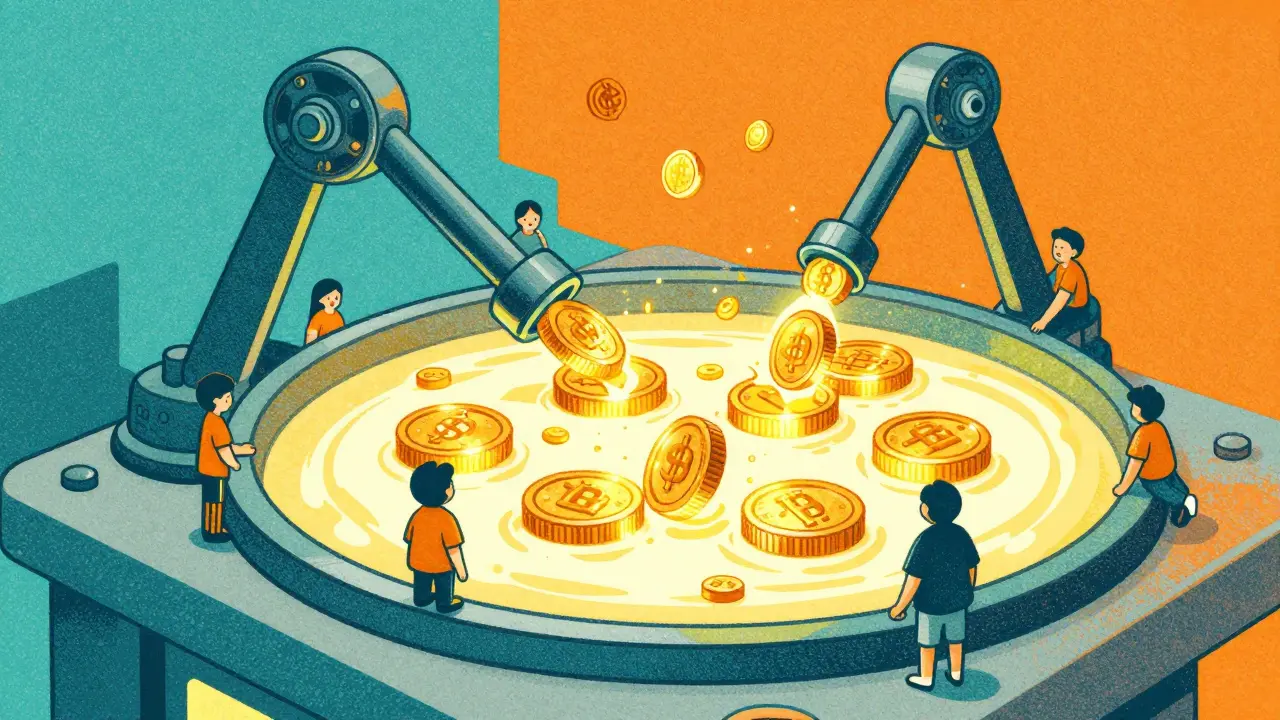 Stylized characters adding tokens to a glowing liquid pool in risograph style