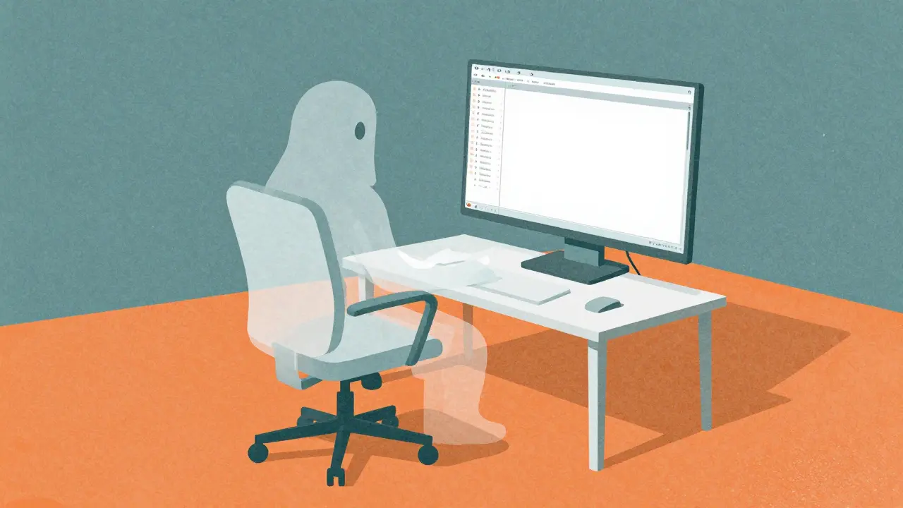 Surreal empty office with a blank trading screen symbolizing a ghost exchange.