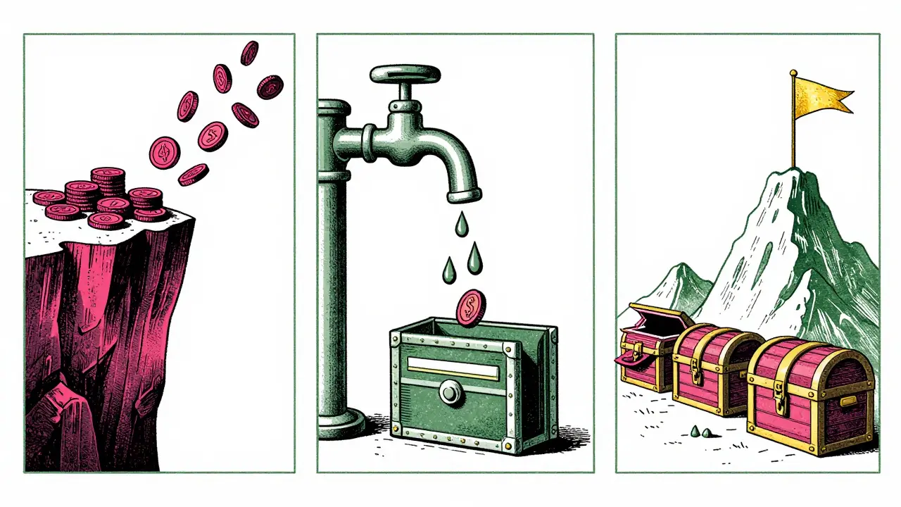 Three panels showing a cliff drop, a steady token drip, and goal-based treasure chests.