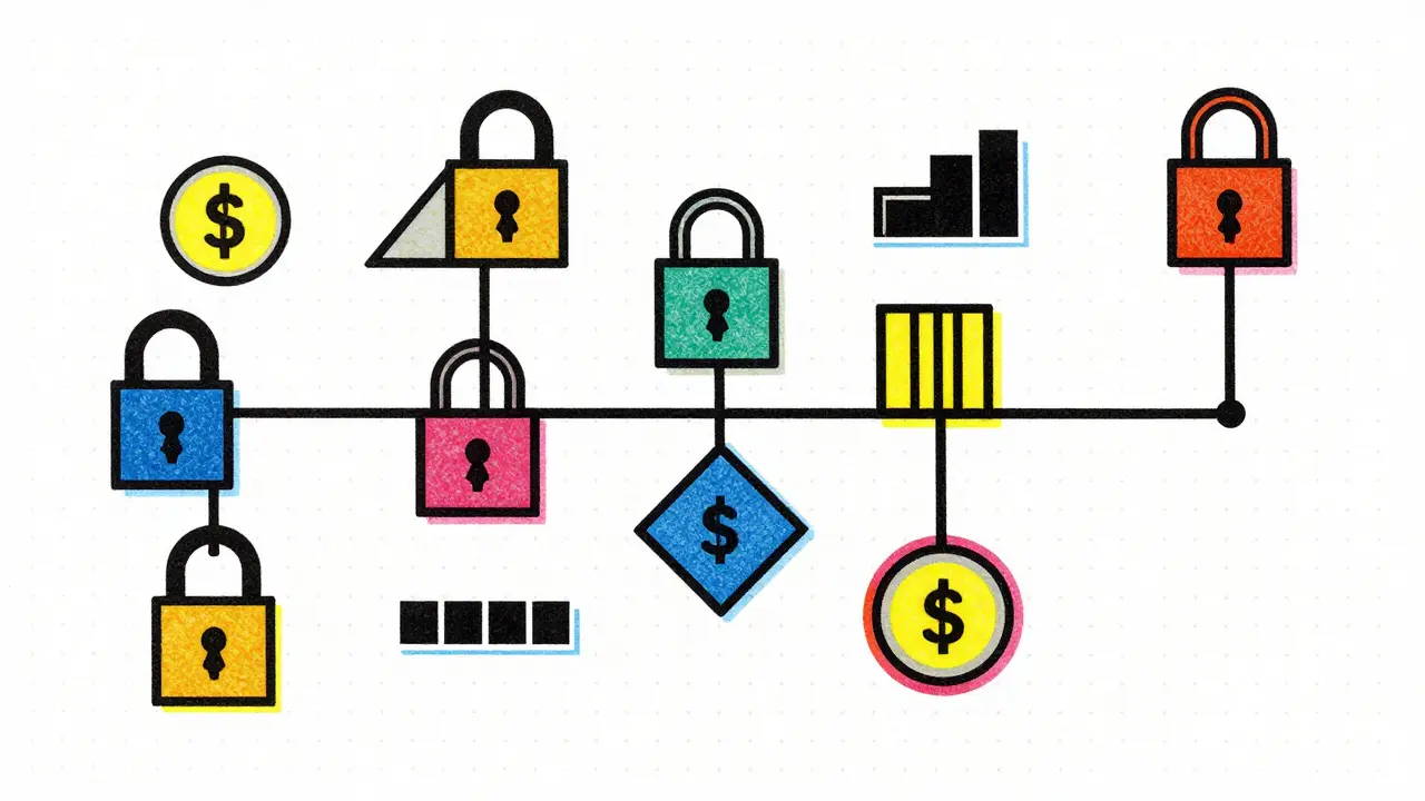 Abstract Risograph graphic showing token vesting locks