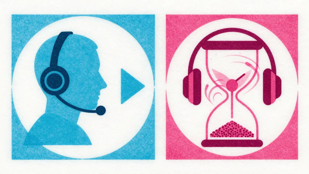 Art comparing fast and slow customer support speeds using clocks and headsets.