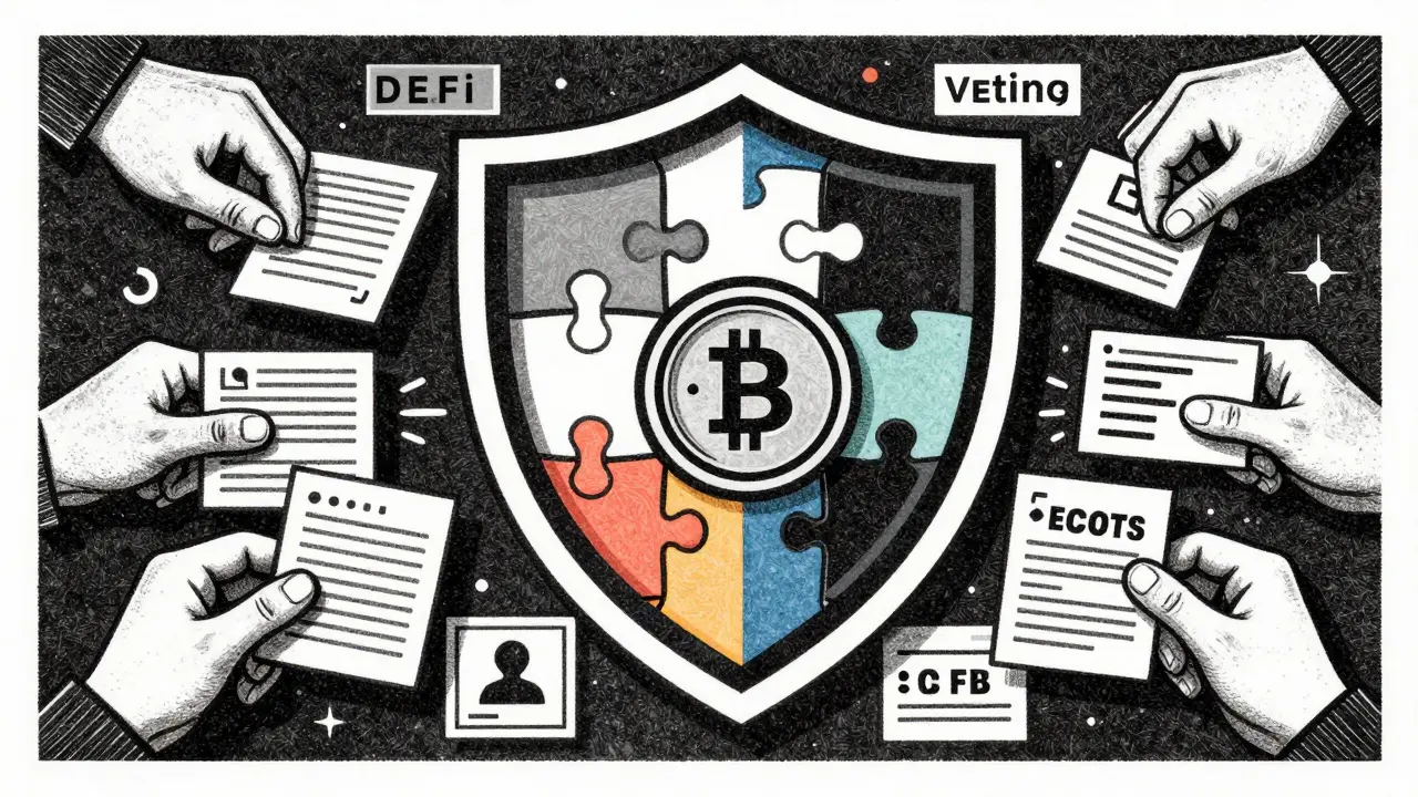 Conceptual art depicting security, vetting, and community governance in DeFi.