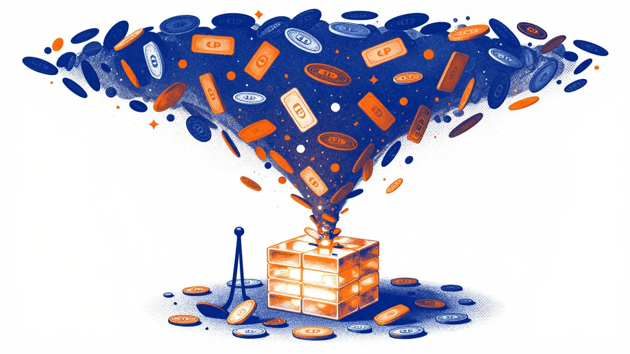 Conceptual art of stacked tokens amplifying returns through leverage loops.