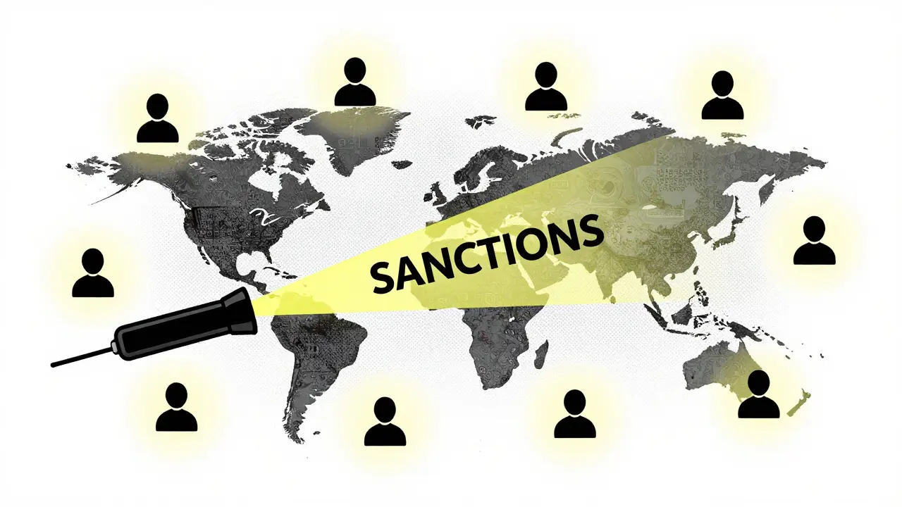 Conceptual illustration of targeted sanctions hitting illicit crypto actors while sparing users.