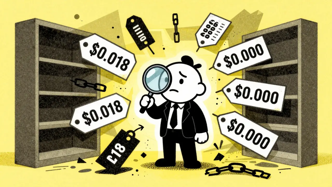 Confused investor surrounded by conflicting price tags, Risograph