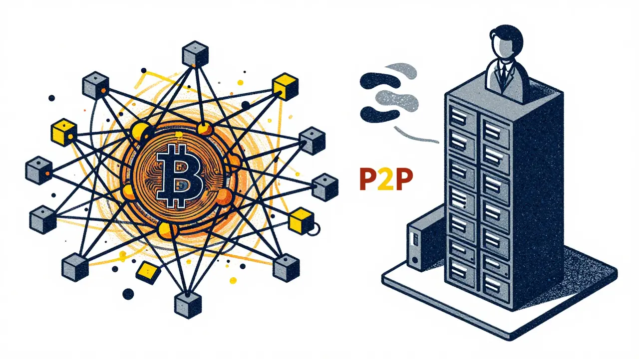 Contrast between a resilient P2P network web and a fragile centralized server tower.