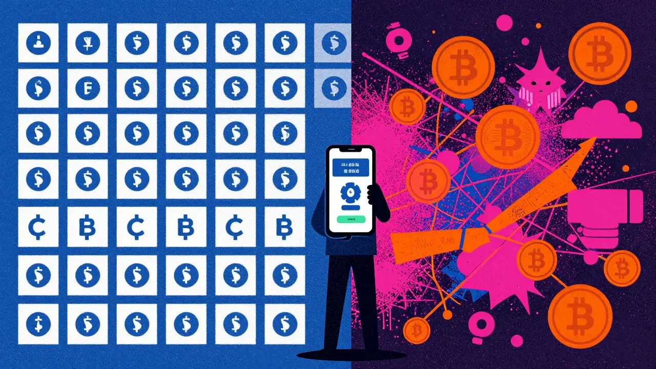 Contrast between regulated e-CNY grid and chaotic underground crypto market.