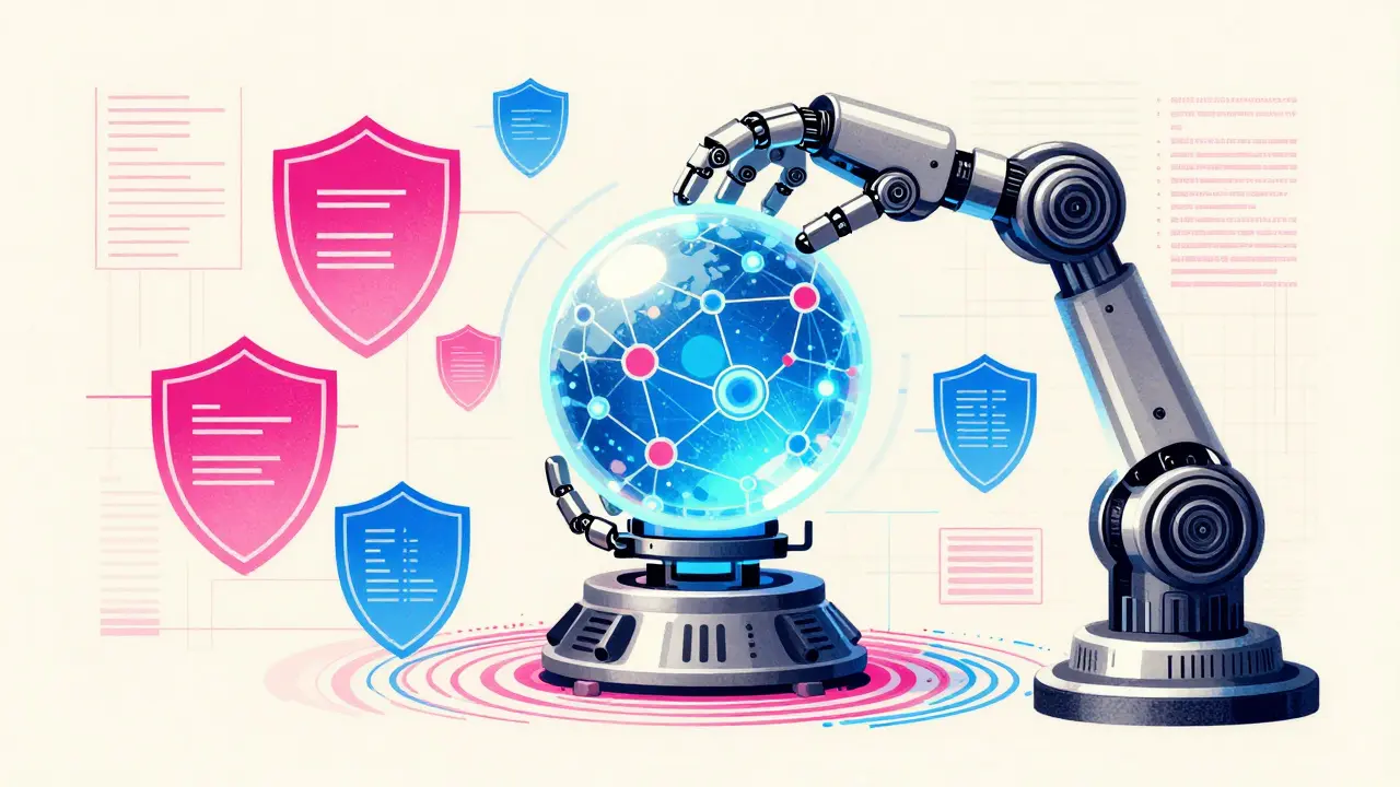 Futuristic AI engine analyzing crypto data in risograph illustration
